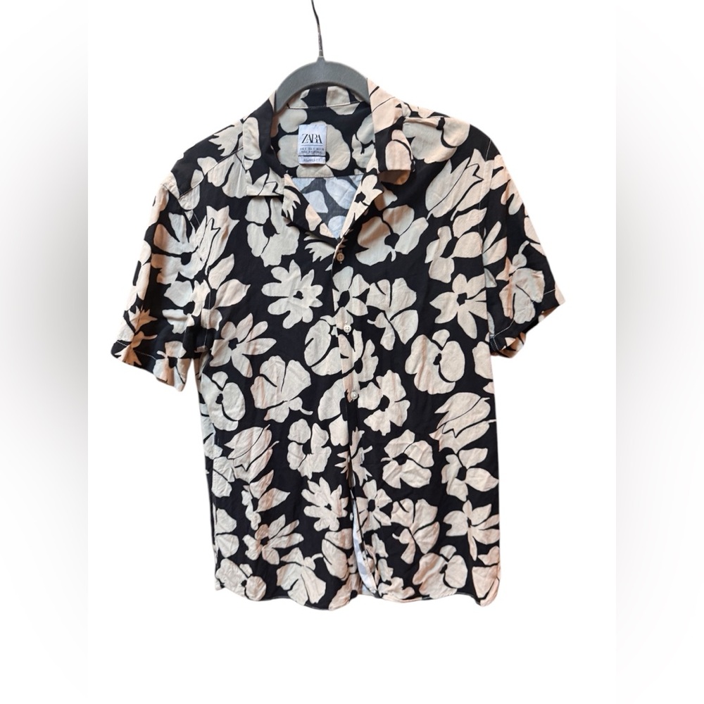 Zara Men’s Black and Cream Floral Button Down Shirt. Size S - Picture 3 of 8
